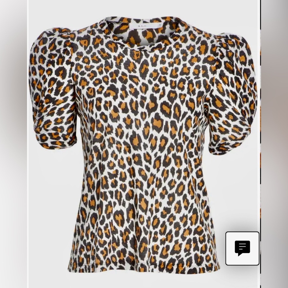 A.L.C. Tee T Shirt Leopard Print Rouched Puff Sleeves SZ: M